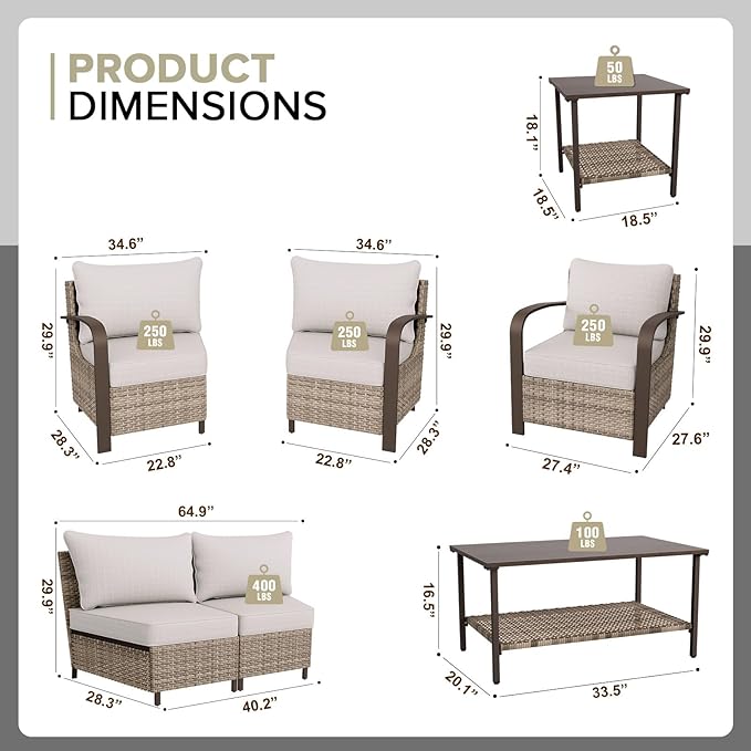 COOS BAY Aurora Terrace Half-Moon Outdoor Furniture Set, Rattan Conversation Set with Patio Chairs, Curved 4-Seat Sofa, Coffee Table & Side Table, Seats 6, Beige/Beige