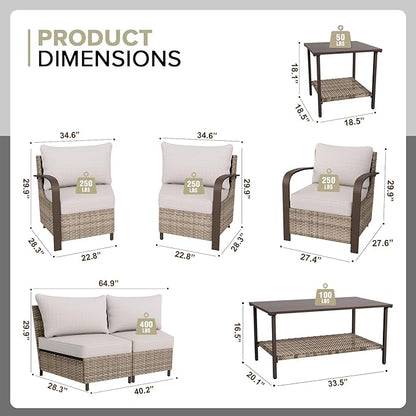 COOS BAY Aurora Terrace Half-Moon Outdoor Furniture Set, Rattan Conversation Set with Patio Chairs, Curved 4-Seat Sofa, Coffee Table & Side Table, Seats 6, Beige/Beige