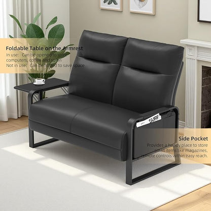 Faux Leather Loveseat Couch for Living Room Bedroom Office, Small Sofa 2 Seater Couch with Flip Up Tray Table Side Pockets Leather Loveseats, Black