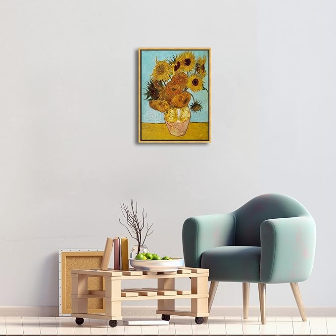Wieco Art Framed Wall Art of Sunflower by Vincent Van Gogh Paintings Reproduction Abstract Canvas Prints for Home Living Room Decorations Bronze Gold Frame