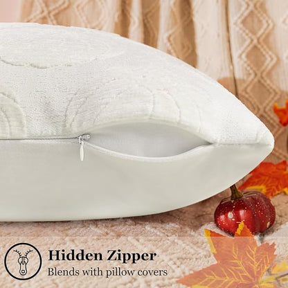 decorUhome Decorative Cream White Pumpkin Thanksgiving Throw Pillow Covers 18x18 Set of 2, Soft Chenille Jacquard Farmhouse Textured Pillow Covers for Couch Bed Sofa Autumn Harvest Halloween Holiday