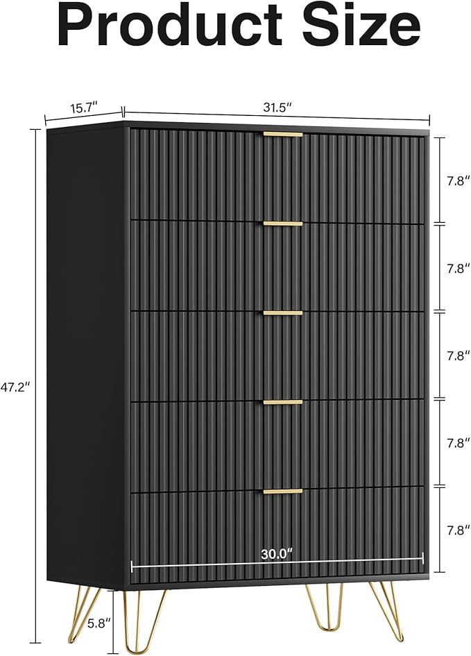 Black Dresser for Bedroom, Fluted Modern Dresser with Gold Pulls and 5 Drawers, 15.7" D x 31.5" W x 47.2" H
