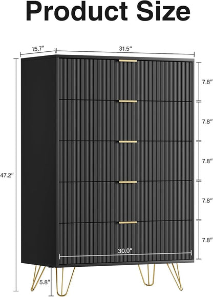 Black Dresser for Bedroom, Fluted Modern Dresser with Gold Pulls and 5 Drawers, 15.7" D x 31.5" W x 47.2" H