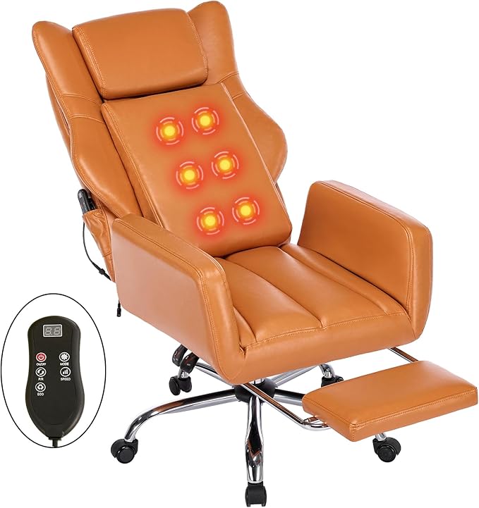 DYHOME Orange Leather Office Chair with Massage and Footrest, Heavy Duty Task Desk Chairs, Swivel Ergonomic Computer Gaming Chairs with Lumbar Support, Wheels Flip-up Arms Adjustable Height