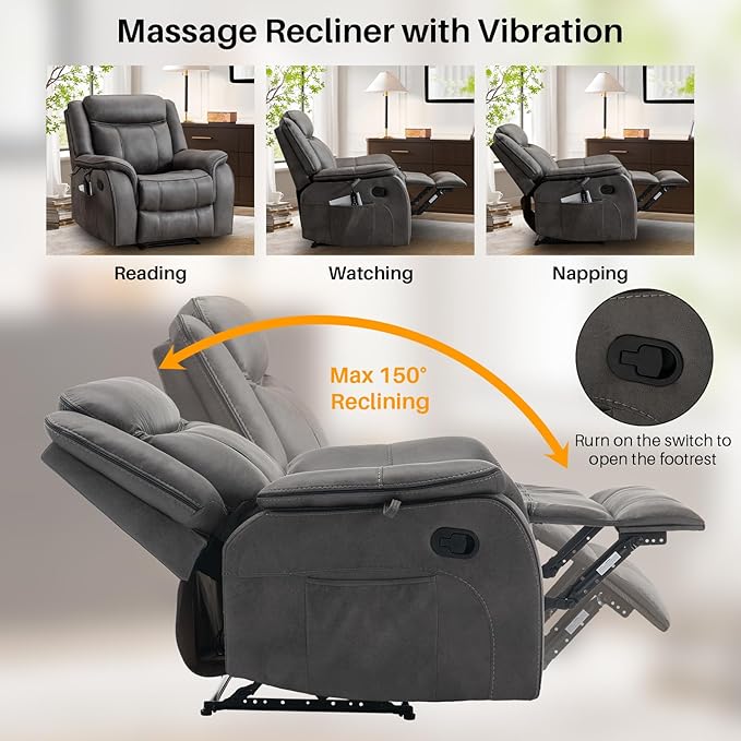 Massage Recliner Chair with Heated, Faux Leather Recliner Chairs for Adults, 39" Wide Manual Reclining Ergonomic Lounge Chair for Living Room with Overstuffed Backrest, Side Pocket, Grey