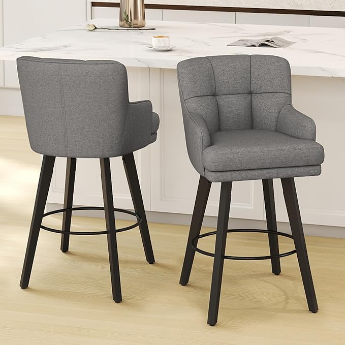 360°Swivel Counter Height Bar Stools with Back, 30 inch Solid Wood Legs, Bar Stool Modern Kitchen Island Chairs, Fabric (Mid-Grey- Fabric, 30" H- Set of 3)