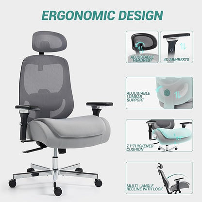 Big and Tall Executive Office Chair, Ergonomic Comfy Mesh Desk Chair with 4D Arms & Extra Wide Seat, Adjustable Headrest & Lumbar Support, 750LBS Capacity, Grey