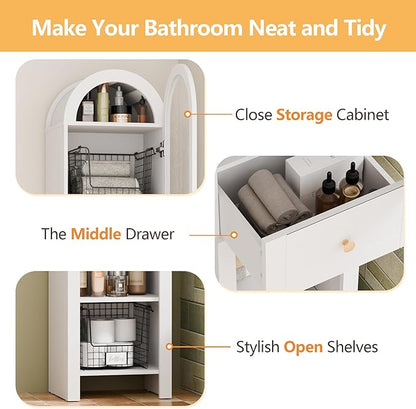 70" Tall Bathroom Storage Cabinet with Acrylic Door，Narrow Storage Cabinet with Drawer Adjustable Shelves, Modern Arched Design Bathroom Cabinet for Bathroom, Living Room, Kitchen, White