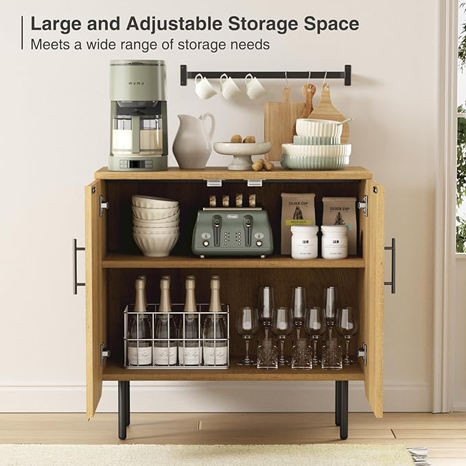 Set of 2 Fluted Natural Storage Cabinets, Modern 2-Door Sideboard Buffet Cabinet with Adjustable Shelves and Metal Legs, Accent Cabinet for Kitchen, Living Room, Entryway (Natural & Black)