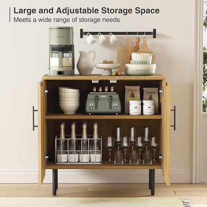 Set of 2 Fluted Natural Storage Cabinets, Modern 2-Door Sideboard Buffet Cabinet with Adjustable Shelves and Metal Legs, Accent Cabinet for Kitchen, Living Room, Entryway (Natural & Black)