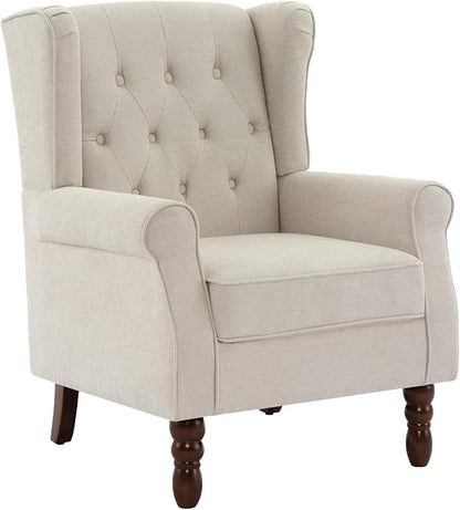 UIXE High Back Accent Chairs Set of 2, Fabric Upholstered Armchair Wingback Club Chair for Living Room, Comfy Single Sofa Bedroom Retro Reading Seat with Solid Wood Legs - Beige