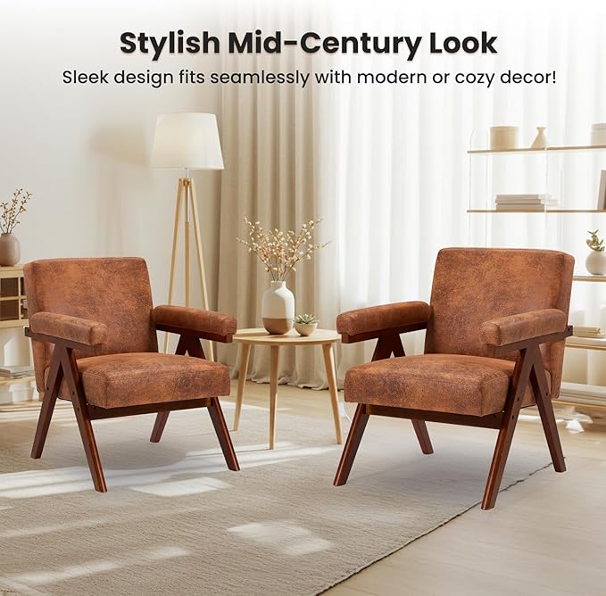 MELLCOM Mid-Century Modern Accent Leather Chair, Comfy Accent Chair with Solid Wood Frame,Upholstered Lounge Arm Chairs with Plump Cushion,Easy Assembly Reading Chair for Living Room,Bedroom,Brown