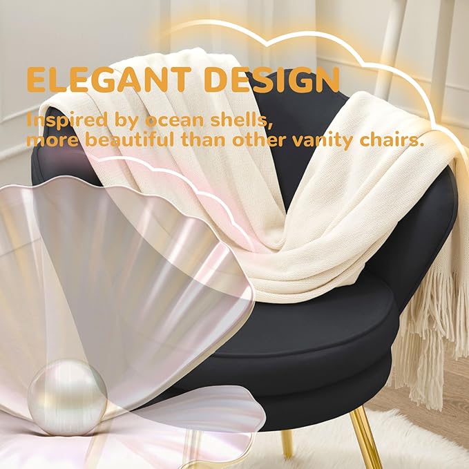 Velvet Vanity Chair with Back, Mid-Century Modern Small Accent Chair for Living Room, Golden Metal Legs Upholstered Makeup Chair, 1Pcs Bedroom Armchair, Black