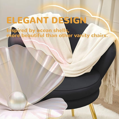 Velvet Vanity Chair with Back, Mid-Century Modern Small Accent Chair for Living Room, Golden Metal Legs Upholstered Makeup Chair, 1Pcs Bedroom Armchair, Black