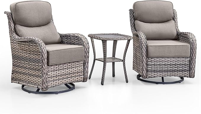 Swivel Patio Chairs Set of 3 with 6" Thick Cushion - Wicker Outdoor Swivel Rocker Patio Chairs with Side Table, High Back Comfortable Outdoor Glider - Grey Wicker | Grey Cushions