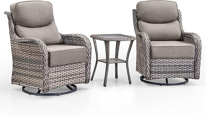 Swivel Patio Chairs Set of 3 with 6" Thick Cushion - Wicker Outdoor Swivel Rocker Patio Chairs with Side Table, High Back Comfortable Outdoor Glider - Grey Wicker | Grey Cushions