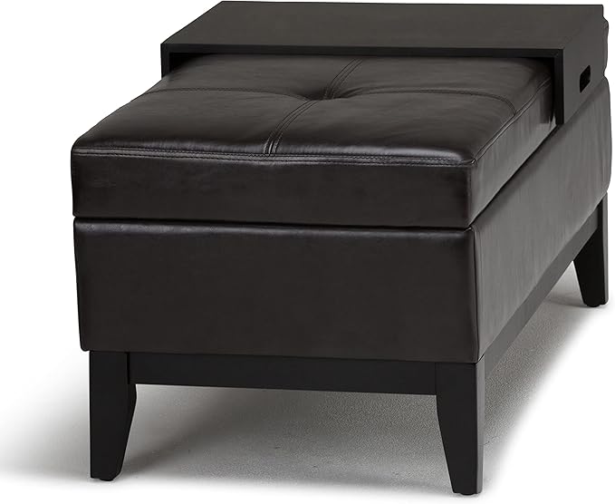 SIMPLIHOME Oregon 42 inch Wide Contemporary Rectangle Storage Ottoman Bench with Tray in Tanners Brown Vegan Faux Leather, Assembled, For the Living Room, Entryway and Family Room