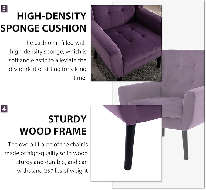 Dolonm Midcentury Modern Velvet Accent Chair with Arms, Upholstered Reading Side Chair Tufted Back Decorative Wingback Chair for Living Room Bedroom (Lavender Purple)