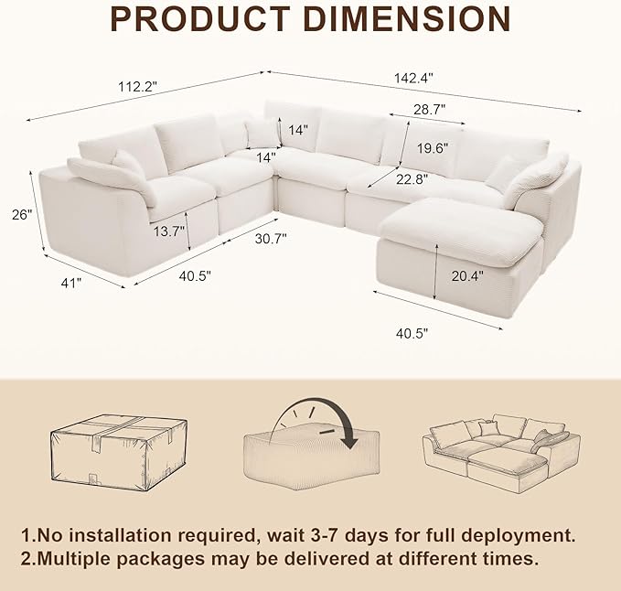 143" Cloud Sectional Couch, Boneless couches for Living Room, 7 Seater Large Modular Sectional Sofa with Deep Seat, Comfy Soft Cushions, No Assembly, Beige