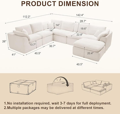 143" Cloud Sectional Couch, Boneless couches for Living Room, 7 Seater Large Modular Sectional Sofa with Deep Seat, Comfy Soft Cushions, No Assembly, Beige