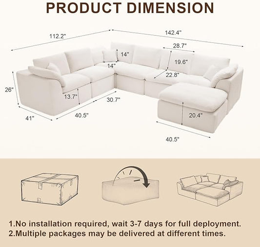 143" Cloud Sectional Couch, Boneless couches for Living Room, 7 Seater Large Modular Sectional Sofa with Deep Seat, Comfy Soft Cushions, No Assembly, Beige