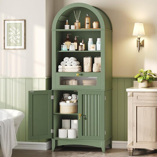 66" Tall Bathroom Storage Cabinet with Flip Drawer, Freestanding Storage Cabinet with Doors & Shelves,Arched Cabinets for Bathroom, Living Room, Kitchen, Laundry, Green