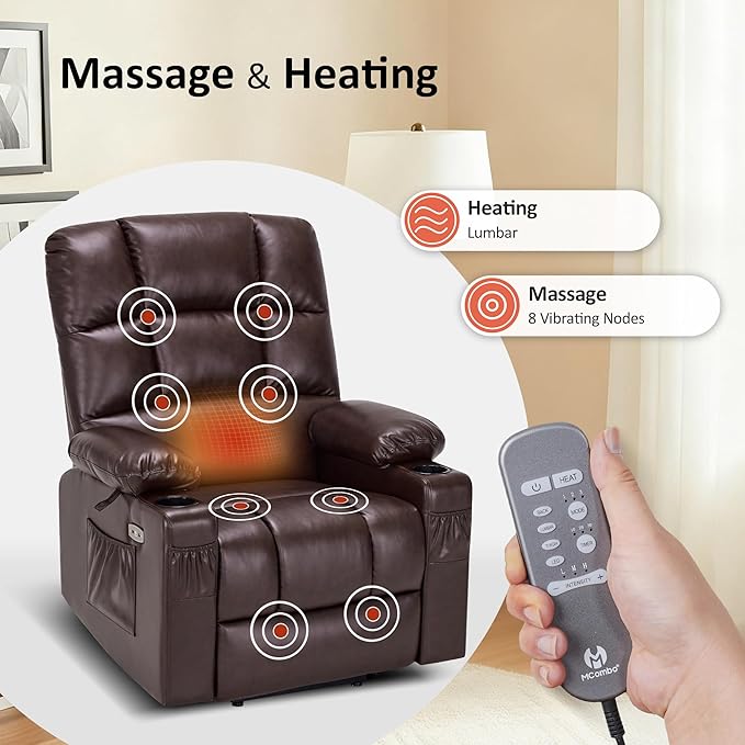 MCombo Large Dual Motor Power Lift Recliner Chair for Elderly, Massage and Heat, Lay Flat, Zero Gravity, Home Button, USB Port, Faux Leather 7680 (Light Brown, Large)