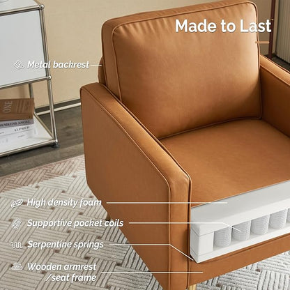 VINGLI Living Room Chairs Set of 2, Brown PU Leather Accent Chair Mid Century Modern Upholstered Sofa Chairs with Arms, Gold Legs for Living Room, Bedroom, Apartment