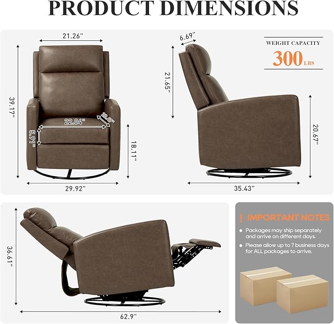 Swivel Rocking Recliner,Wide PU Leather Glider Sofa Chair with Ergonomic High Backrest for Living Room, Bedroom, Office（Warm Gray）