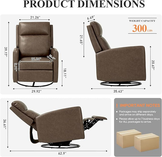 Swivel Rocking Recliner,Wide PU Leather Glider Sofa Chair with Ergonomic High Backrest for Bedroom,Living Room（ Brown）