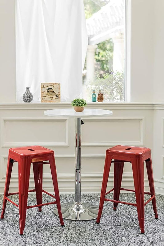 Vogue Furniture Direct 24 Inch Metal Bar Stools, Backless Counter Height Barstools, Indoor Outdoor Stackable Stools with Square Seat, Set of 2 (Red)