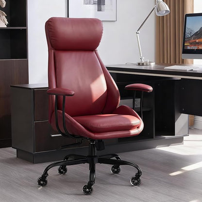 Home Office Desk Chair, PU Casters Ergonomic Computer Chair with Lumbar Support, Adjustable Height, 360°Rolling Swivel Chair, High Back Executive Task, Padded Armrests Chair, Red Leather