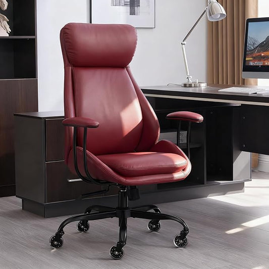 Home Office Desk Chair, PU Casters Ergonomic Computer Chair with Lumbar Support, Adjustable Height, 360°Rolling Swivel Chair, High Back Executive Task, Padded Armrests Chair, Red Leather