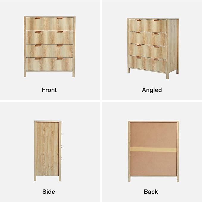 XUZENEST4 Drawer Double Dressers for Bedroom with Waveform Fluted Panel Design, Modern Wide Chest of Drawers,Wood Storage Dresser Chest of Drawers for Bedroom Living Room Hallway Closet,Natural 2 Sets