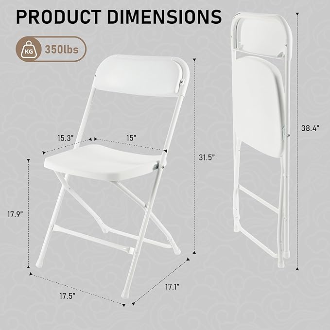 SEALAMB Plastic Folding Chairs 16 Pack, White Commercial Portable Indoor/Outdoor Chairs for Home Office, Wedding, Events Parties with Steel Frame, 350lbs Capacity (White-Plastic, 16 Pack)