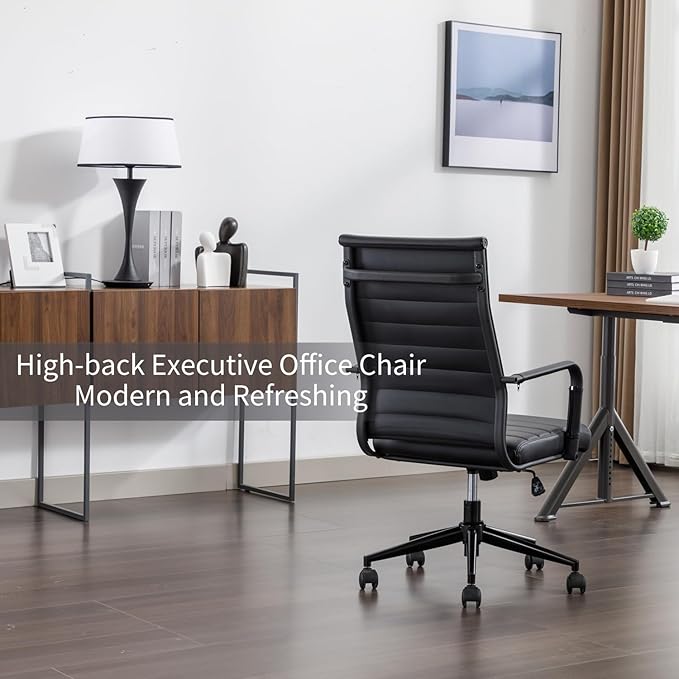 Office Desk Chair Leather, Conference Room Chairs with Wheels, Executive Modern Ergonomic Ribbed Computer Chair