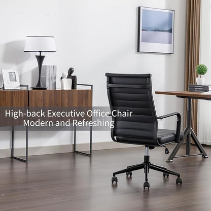 Office Desk Chair Leather, Conference Room Chairs with Wheels, Executive Modern Ergonomic Ribbed Computer Chair