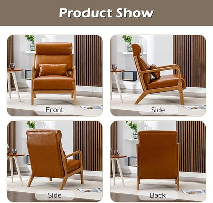 INZOY Mid Century Modern Accent Chair Set of 2, High Back Reading Armchair with Wood Frame, PU Leather Living Room Chairs with Waist Cushion, Single Lounge Arm Chair for Bedroom Sunroom, Camel