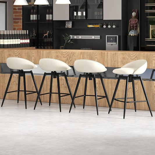 COSTWAY Bar Stools Set of 4, 25" Upholstered Counter Height 360° Swivel Bar Stools w/Backrest & Footrest, Heavy-Duty Metal Frame Armless Breakfast Chairs for Kitchen, Living Room (Set of 4,Beige)