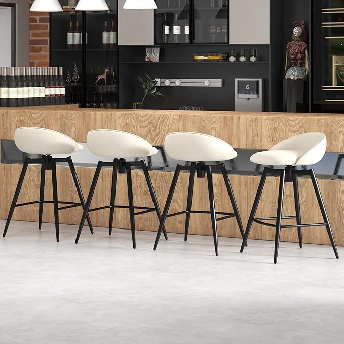 COSTWAY Bar Stools Set of 2, 25" Upholstered Counter Height 360° Swivel Bar Stools w/Backrest & Footrest, Heavy-Duty Metal Frame Armless Breakfast Chairs for Kitchen, Living Room (Set of 2,Beige)
