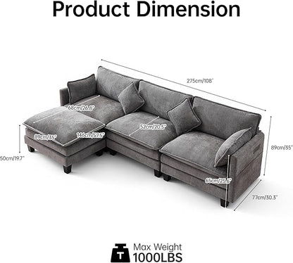 108" Modular Sectional Couches for Living Room with Ottoman, L Shaped Cloud Couch with Charger, USB & Type-c Port, Comfy 4 Seats Sofas with Deep Seat, Chenille Fabric, Darkgrey