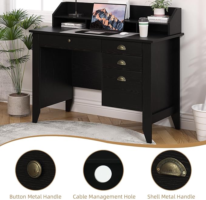 4 EVER WINNER Black Desk with Drawers, Small Desk with File Drawer and Monitor Stand, Computer Desk with Storage, Writing Desk for Bedroom Home Office, Black