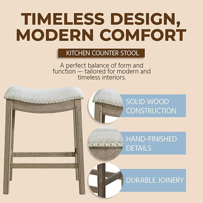 ROME + OAK Parker 26 Inch Counter Stool, Backless Saddle Kitchen Barstool in Reclaimed Oak Finish with Ash Grey Fabric Upholstery Cushion Seat