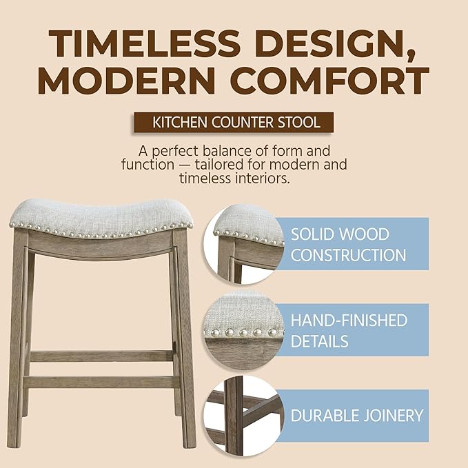 ROME + OAK Set of 4 Parker 26" Counter Stool, Backless Saddle Kitchen Barstool in Reclaimed Oak Finish with Ash Grey Fabric Upholstery Cushion Seat