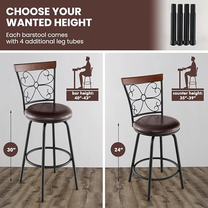 COSTWAY Bar Stools for Kitchen Island, 24/30 Inch Adjustable Seat Height Swivel Barstools Set of 4, Cushioned Seat & Cozy Backrest, Extra Leg Tubes for Height Adjustment, for Kitchen, Bar (4)