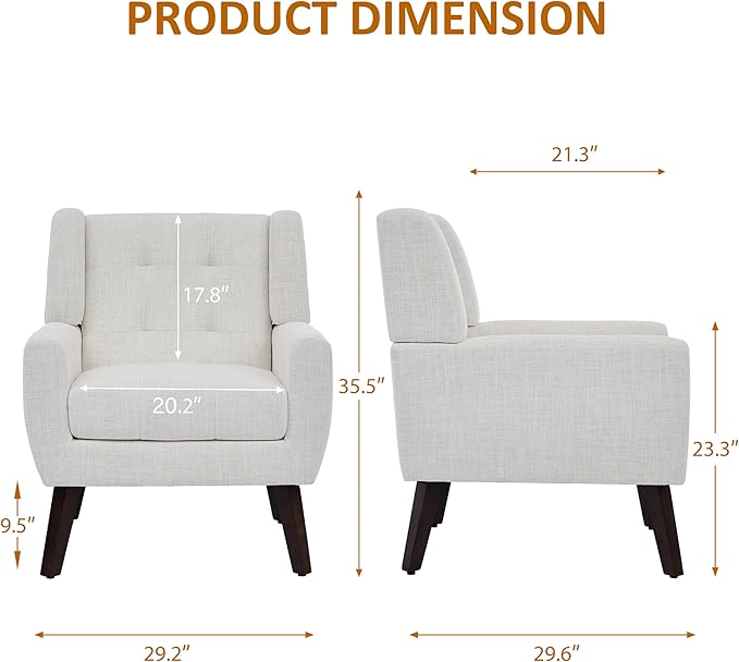 Accent Chairs Set of 4, Mid-Century Modern Upholstered Armchair, Comfy Fabric Living Room Chairs Reading Chairs with Button Tufted Back & Solid Wood Legs for Bedroom, Office, Beige