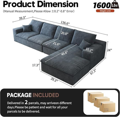 136.6'' L-Shaped Modern Modular Sectional Cloud Couch, 4-Seat Chenille Deep-Seat Sofa with Pillow for Living Room, Bedroom, Apartment, Ocean Blue