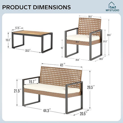 MFSTUDIO 4 Piece Wicker Patio Furniture Set, Small Patio Sofa with Loveseat & Chaise & Acacia Wood Table, Outdoor Sectional Couch with Wood Table, Beige