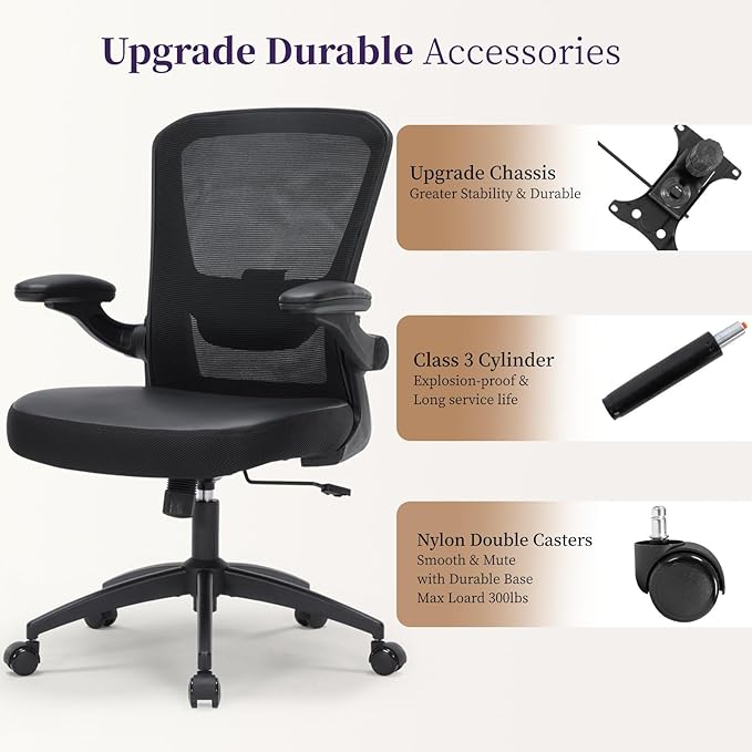 Office Chair Ergonomic, 350lbs Desk Chair Comfy with PU Leather Seat Cushion, Mesh Swivel Computer Chair with Flip-up Armrests Lumbar Support and Height Adjustable for Home Office