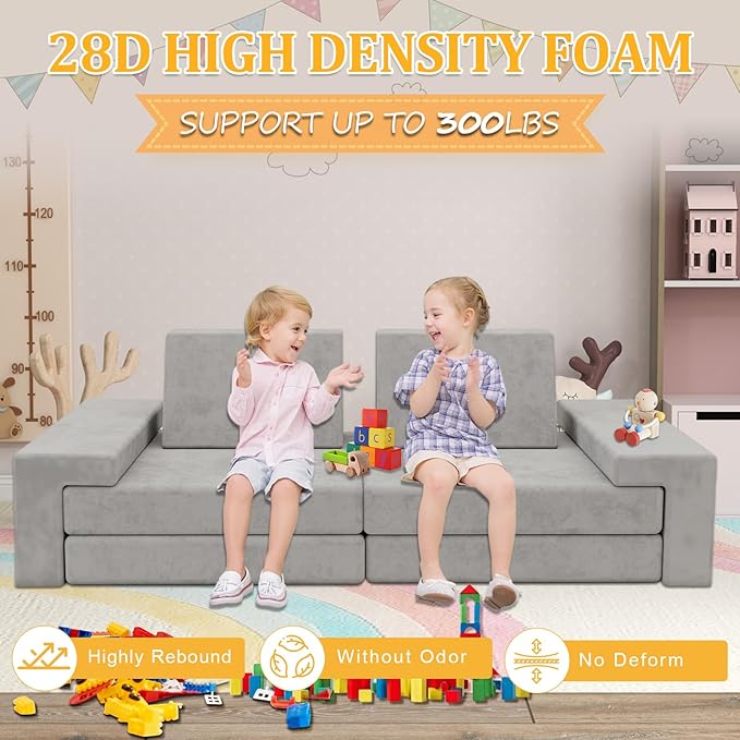 Modular Kids Play Couch,Kid Couches for Toddler & Children,Child Sectional Sofa Fort Building for Playroom Furniture,Convertible Sofa for Boys & Girls, Grey